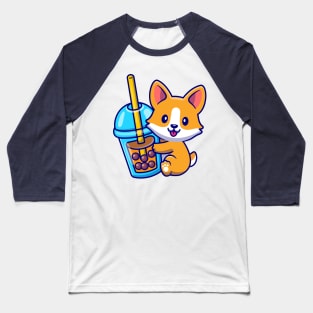 Cute Corgi Dog With Bubble Milk Tea Cartoon Baseball T-Shirt